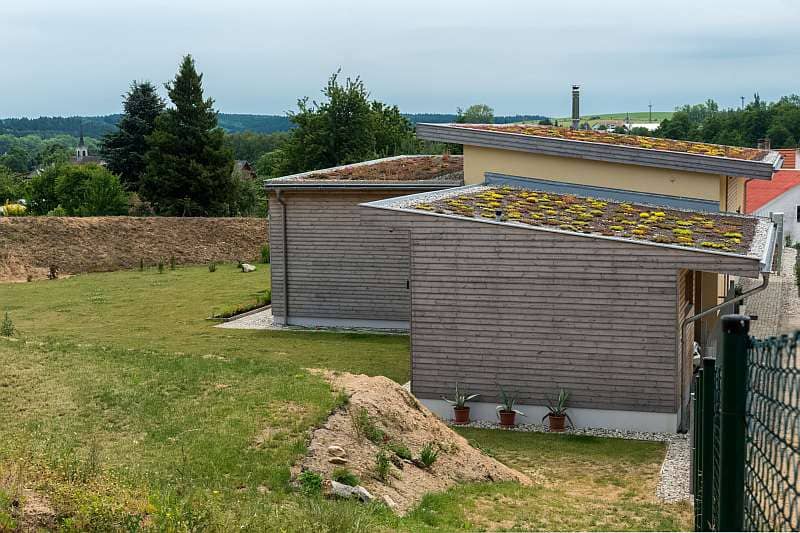 Dřevostavba se zelenou střechou
